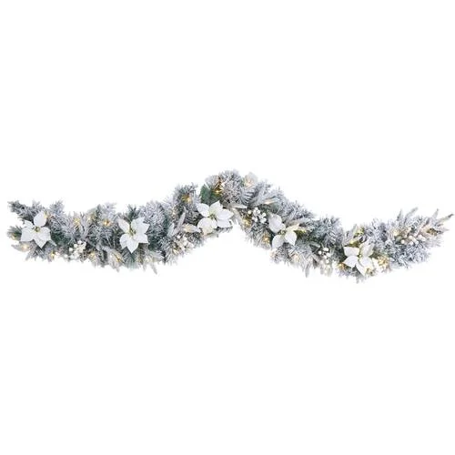 Christmas Red And Green 6'Flocked Poinsettia and Berry Artificial Christmas Garland with 50 Warm White LED Lights Christmas Red And Green 6'Flocked Poinsettia and Berry Artificial Christmas Garland with 50 Warm White LED Lights