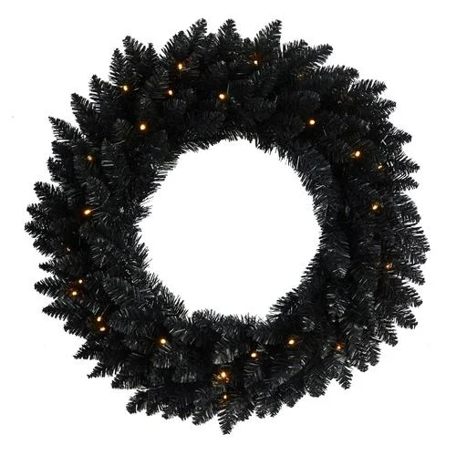 Christmas Garland Lights 24" Black Artificial Wreath with 35 Warm White LED Lights