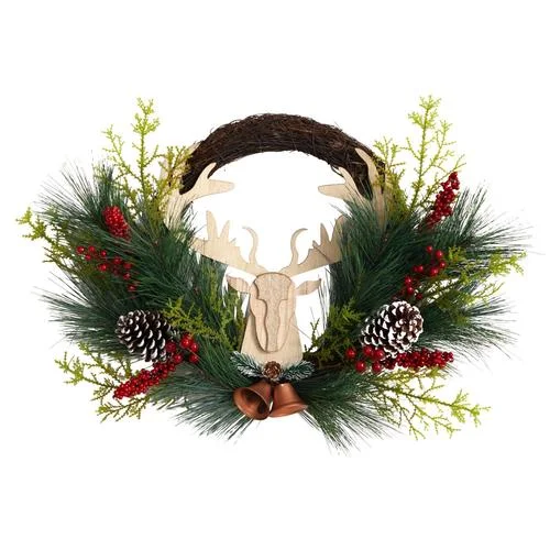 Christmas Reindeer 22" Holiday Christmas Woodland Deer, Pine Cones and Berries Wreath Christmas Reindeer 22" Holiday Christmas Woodland Deer, Pine Cones and Berries Wreath