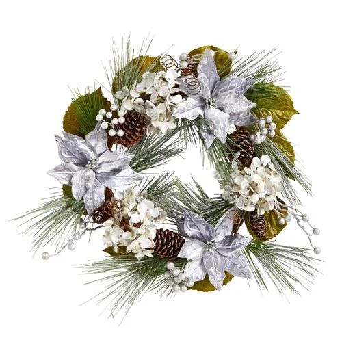 Christmas Home Decor 24" Silver Poinsettia, Hydrangea and Pinecones Artificial Christmas Wreath Christmas Home Decor 24" Silver Poinsettia, Hydrangea and Pinecones Artificial Christmas Wreath