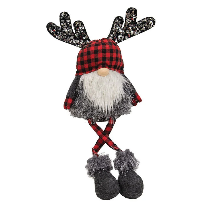 Christmas Party Red & Black Buffalo Check Sequin Reindeer Dangle Leg Gnome