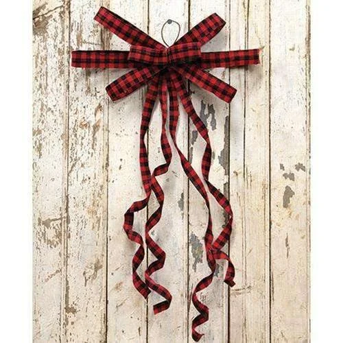 Christmas Snowfall Red & Black Plaid Curly Ribbon Bow Ornament