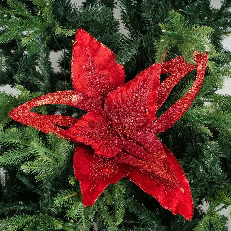 Christmas Yule Log Red Festive Poinsettia Flower Pick