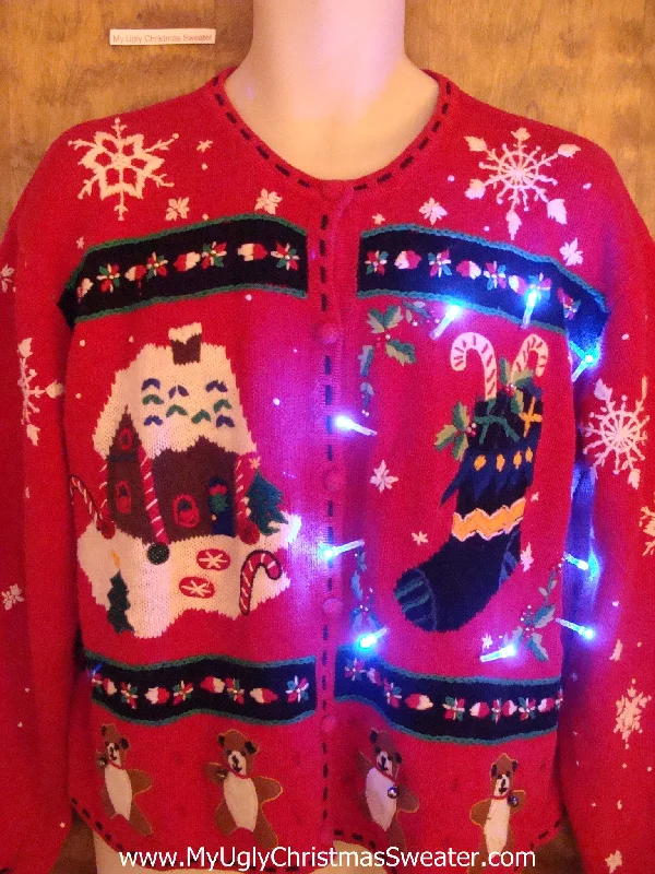 Christmas Dinner Red Gingerbread House Light Up Ugly Xmas Sweater