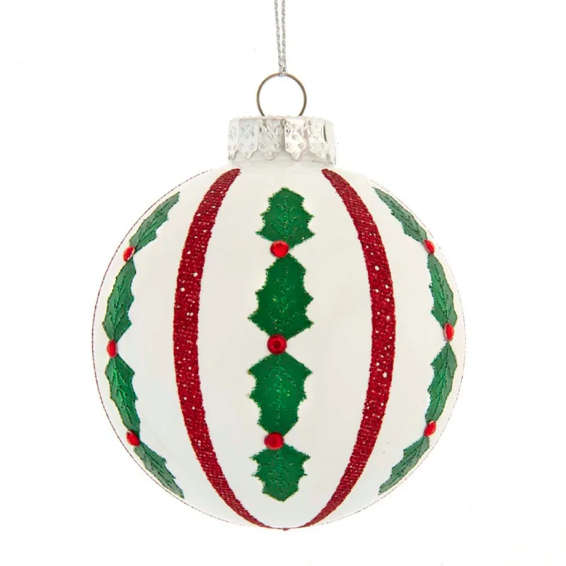 Christmas Night Set of 6 Red, Green and White Holly Leaf Glass Ball Ornaments