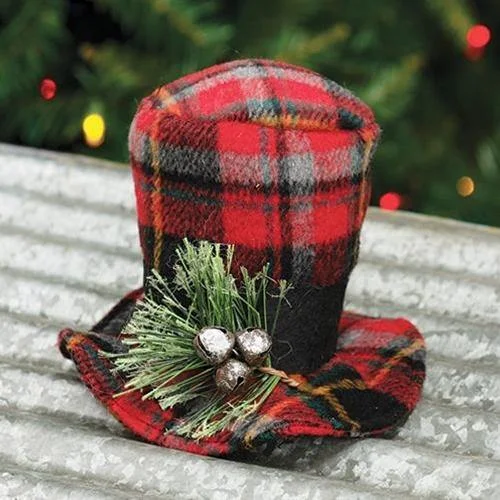 Christmas Santa Sleigh Red Plaid Snowman Hat, 3" x 5"