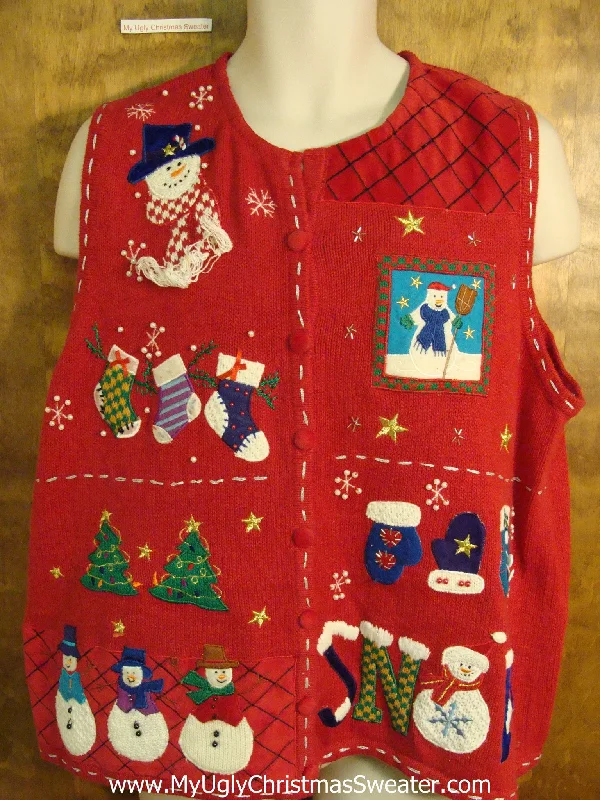 Christmas Party Red Snowman and Stockings Christmas Sweater Vest