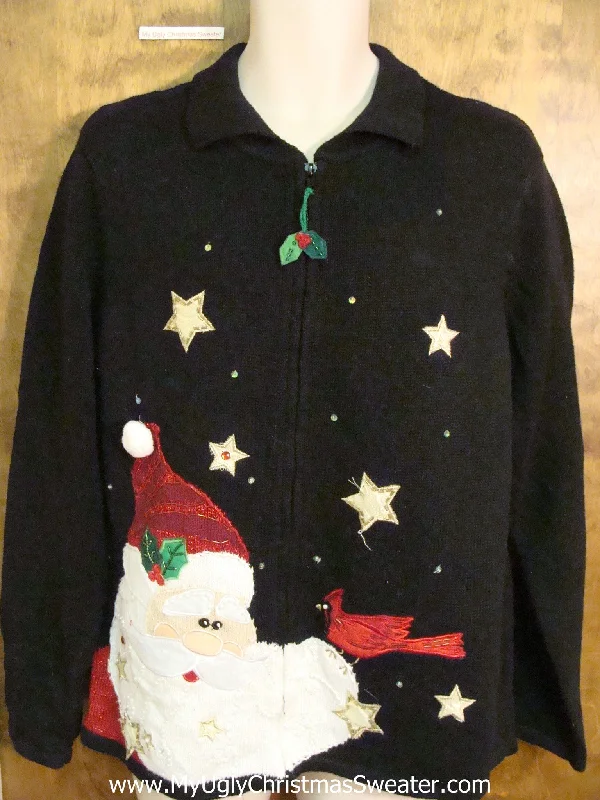 Christmas Pine Garland Santa and Red Cardinal Corny Cheesy Christmas Sweater
