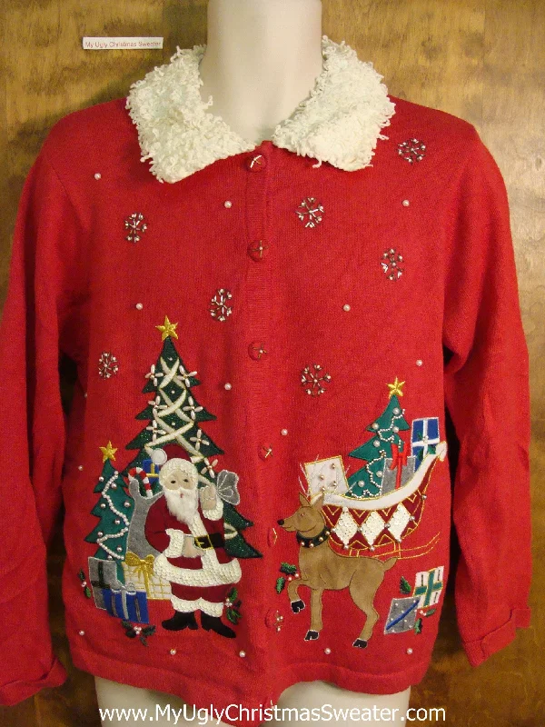 Christmas Garland Santa, Reindeer, and Fluffy Collar Bad Christmas Sweater