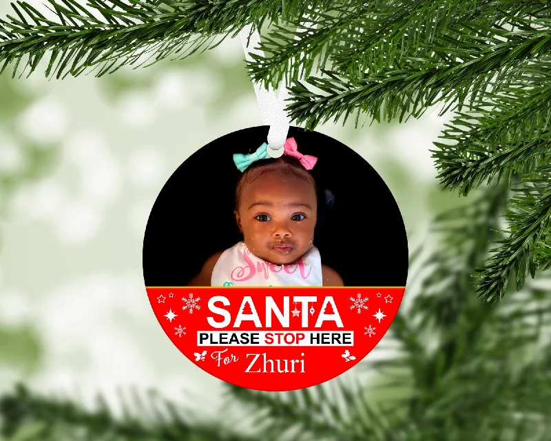 Christmas Peppermint Treats Santa Stop Here Photo Ornament With FREE Velvet Pouch
