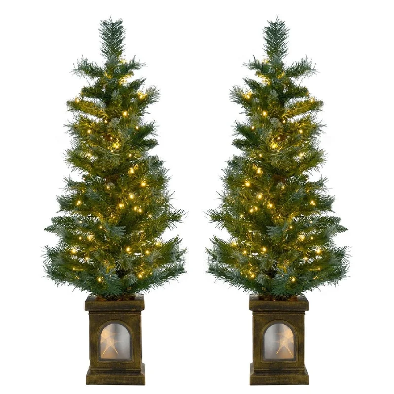 Holiday Season Set Of 2 Pre-Lit 4ft Christmas Trees Frosted Garden Pathway