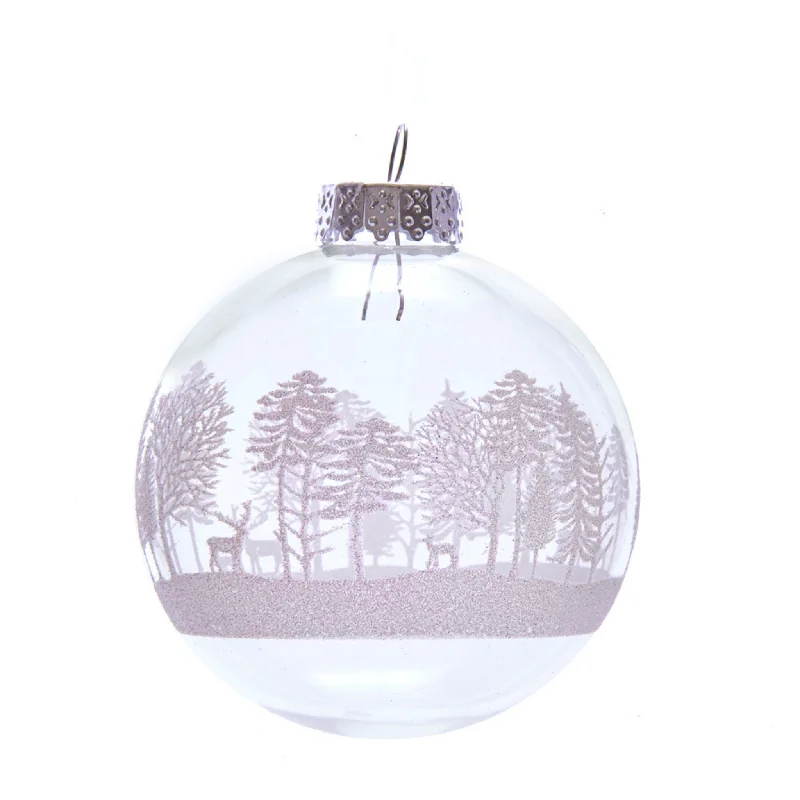 Christmas Songs Set of 6 Clear Ball With White Tree Design Ornaments