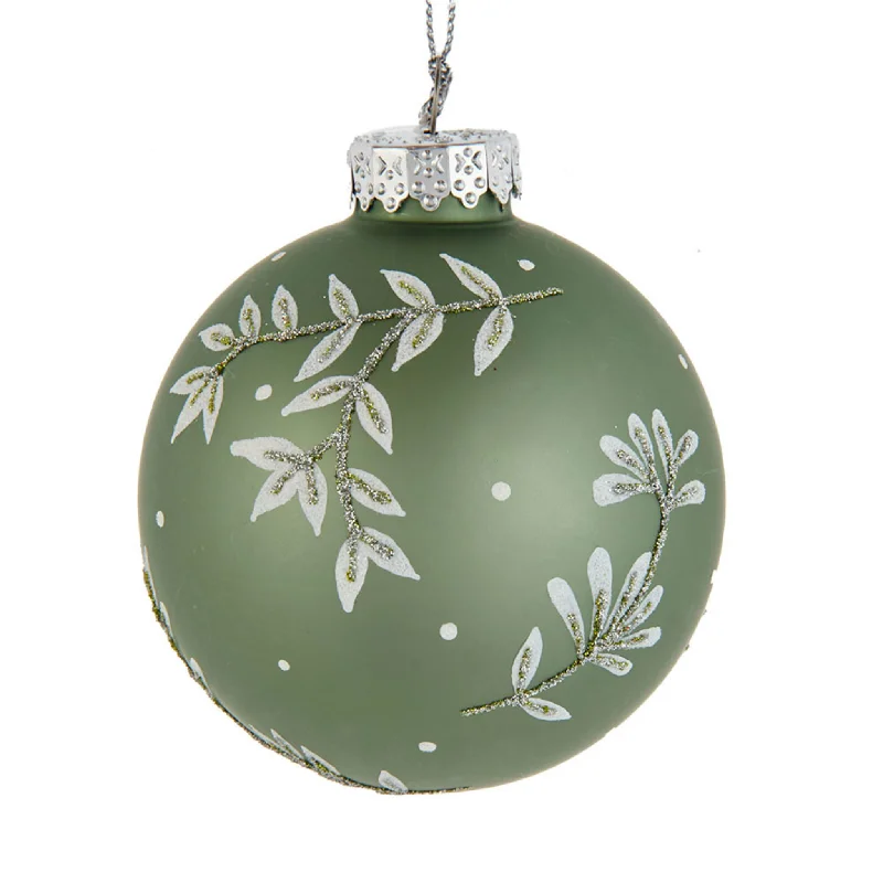 Christmas Wrapped Surprises Set of 6 Green Leaf Design Ball Ornaments