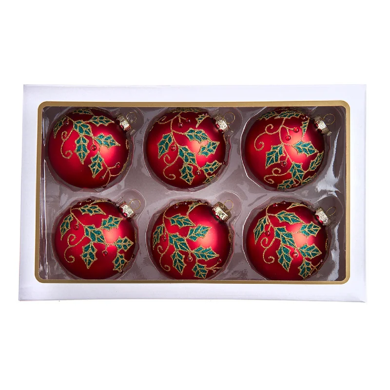 Festive Season Set of 6 Red Ball With Holly and Berries Ornaments
