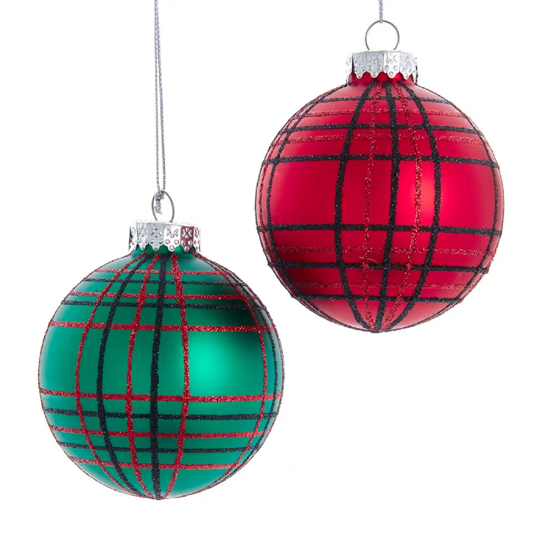 Christmas Mistletoe Set of 6 Red & Green Plaid Ball Ornaments