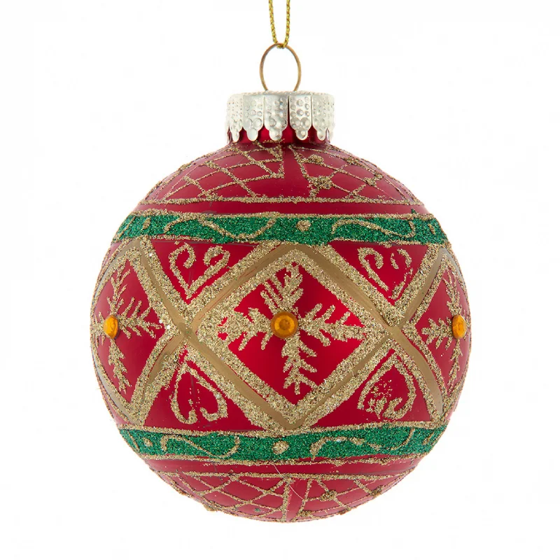 Christmas Joy Set of 6 Red With Green & Gold Design Ball Ornaments
