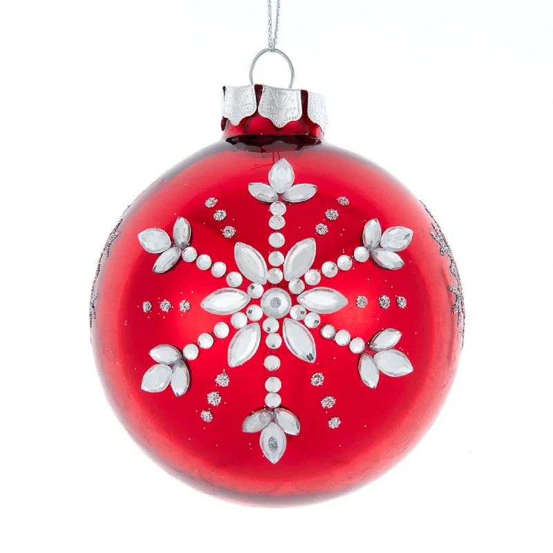 Christmas Fireplace Set of 6 Shiny Red With Silver Snowflake Ball Ornaments