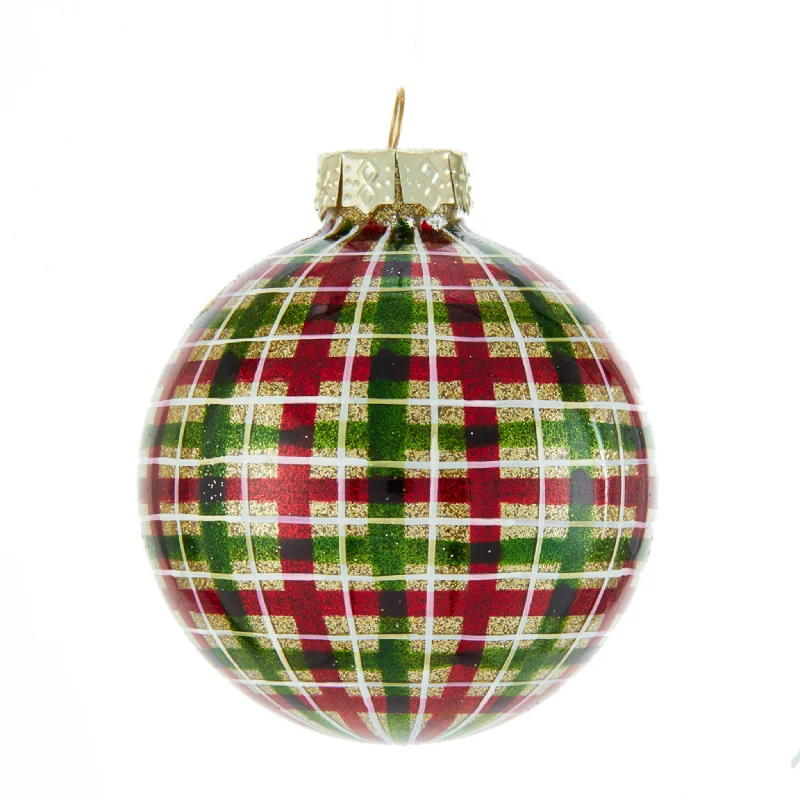 Christmas Market Set of 6 Red and Green Plaid Ball Ornaments