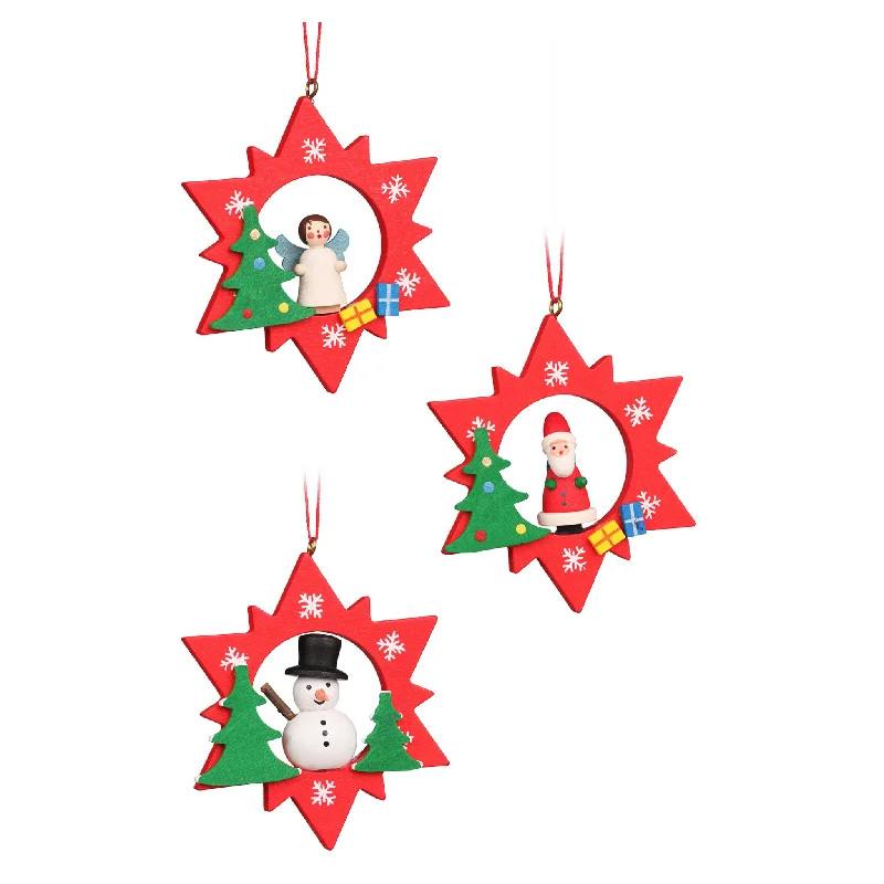 Christmas Gift Exchange Set of Six Christian Ulbricht Angel, Santa, Snowman Red Star Christmas Ornaments Christmas Gift Exchange Set of Six Christian Ulbricht Angel, Santa, Snowman Red Star Christmas Ornaments