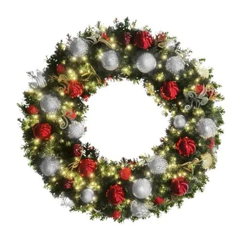 Festive Season Red, White and Silver Pre-Decorated Wreath w/  Twinkle Warm White Lights