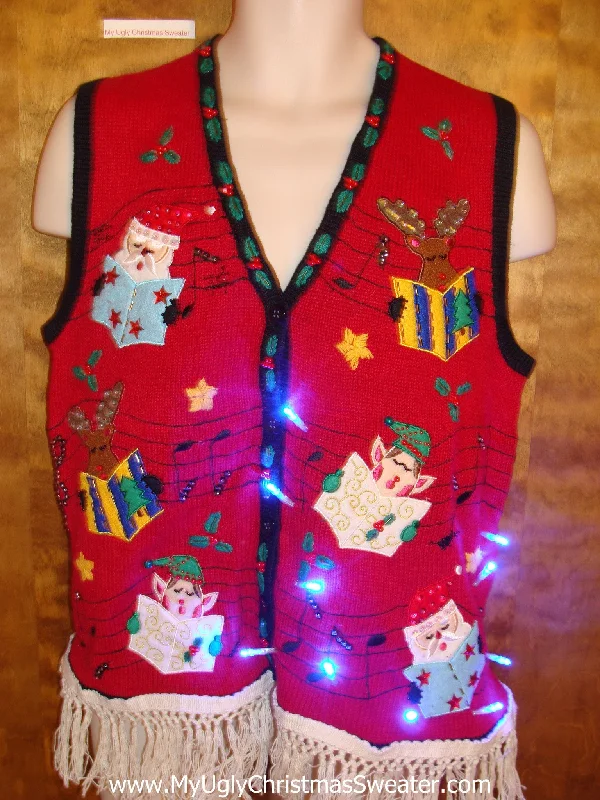 Singing Santa and Elves Light Up Ugly Xmas Sweater Vest