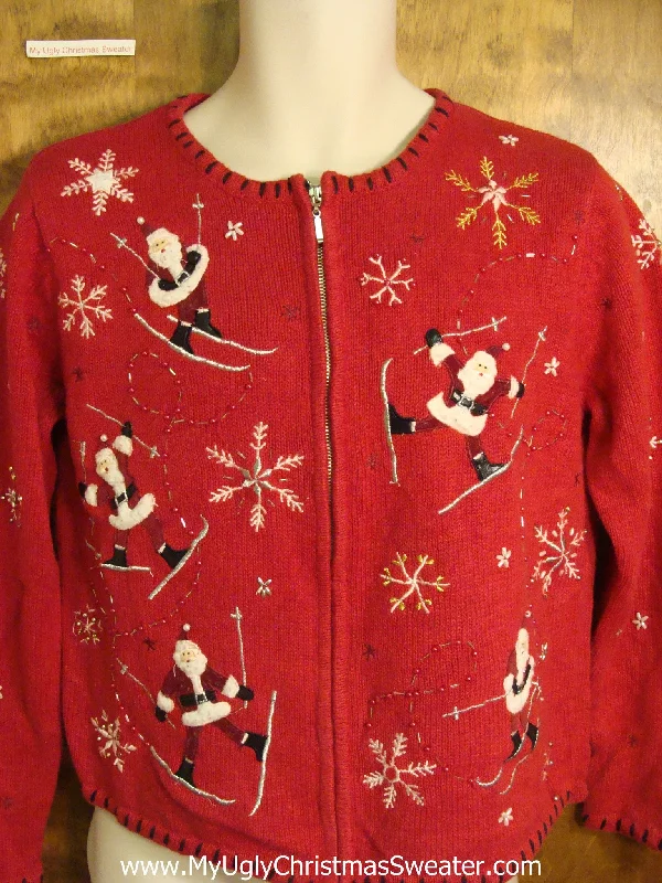 Christmas Wreath Making Skiing Santa Red Ugly Christmas Sweater