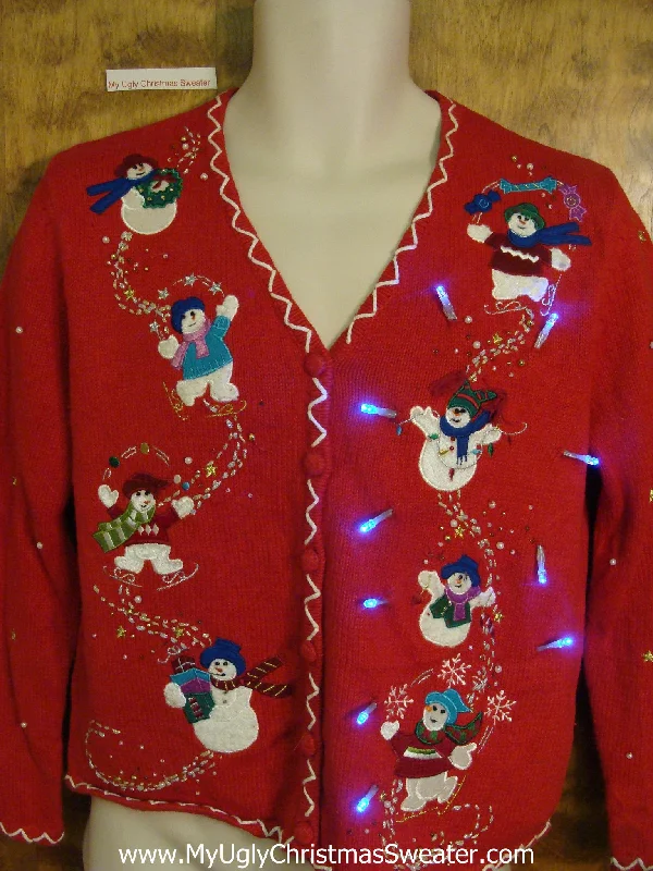 Christmas Wreath Making Sliding Snowmen Red Tacky Xmas Sweater with Lights