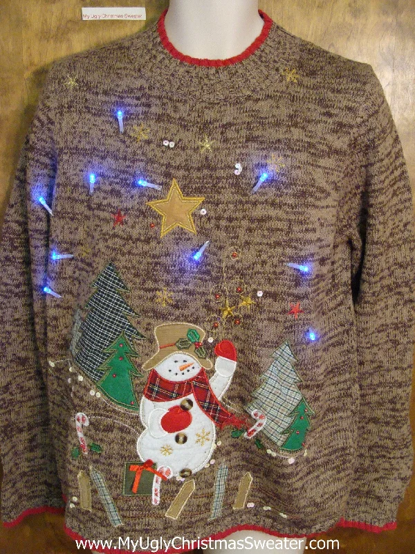 Christmas Baking Ideas Snowman and Plaid Trees Brown Tacky Xmas Sweater with Lights