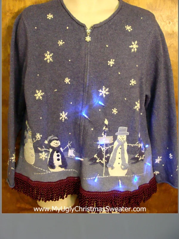 Christmas Gingerbread House Snowman Party Blue Light Up Ugly Xmas Sweater