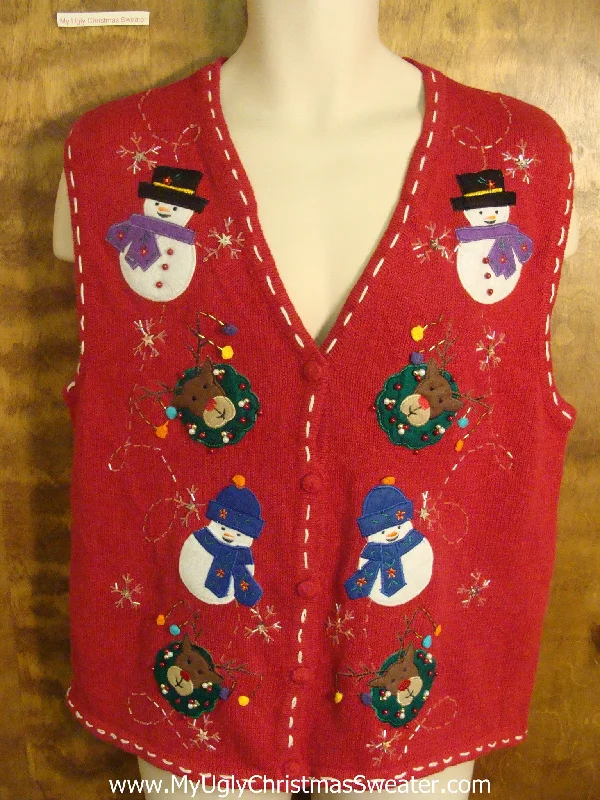 Christmas Family Fun Snowmen Playing with Rudolph Funny Ugly Sweater Vest for a Christmas Party