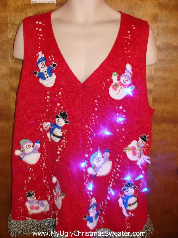 Snowmen with Bling Light Up Ugly Xmas Sweater Vest with Fringe