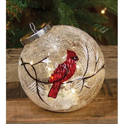 Christmas Wrapped Gifts Snowy Cardinal Light Up Ball Ornament
