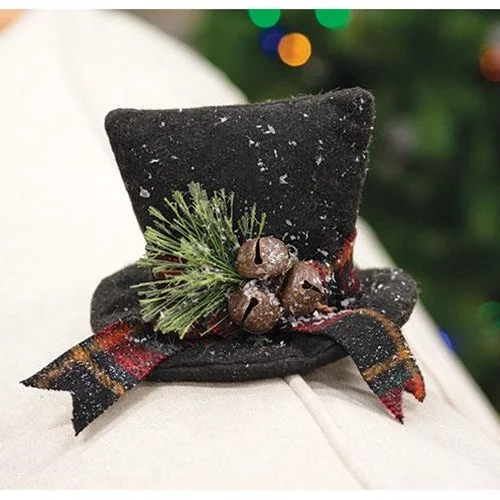 Christmas Decor Snowy Stuffed Felt Top Hat w/Pine & Bells