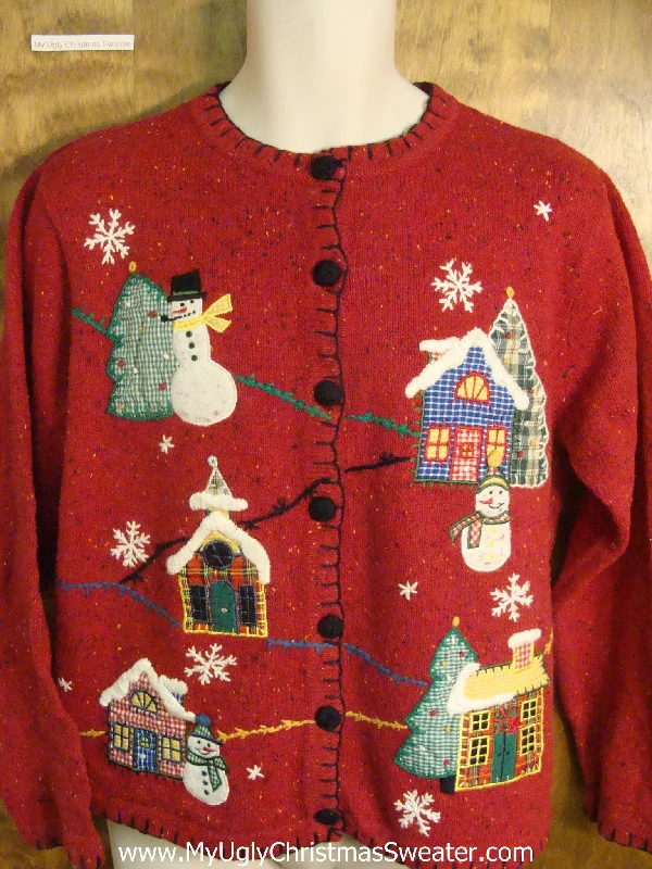 Christmas Day Snowy Village with Snowman Ugly Xmas Sweater