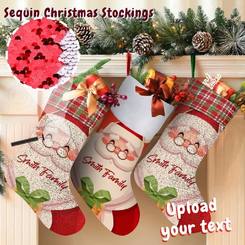 Christmas Family Time 16.5in(L) Super Size-Custom Text Santa Claus Christmas Socks Flip Sequins Christmas Stocking