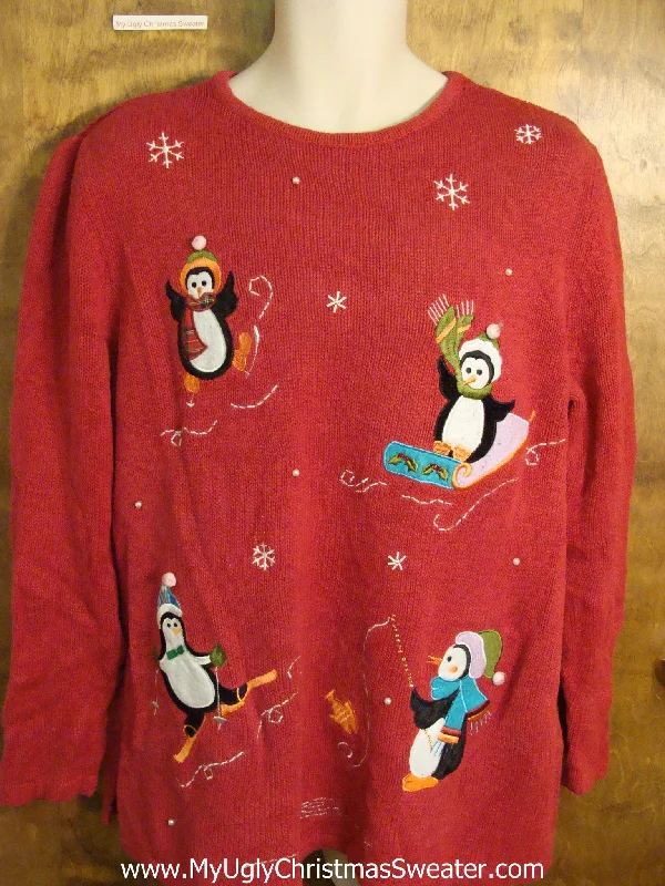 Christmas Fireplace Sporty Penguins Red Cute Holiday Sweater