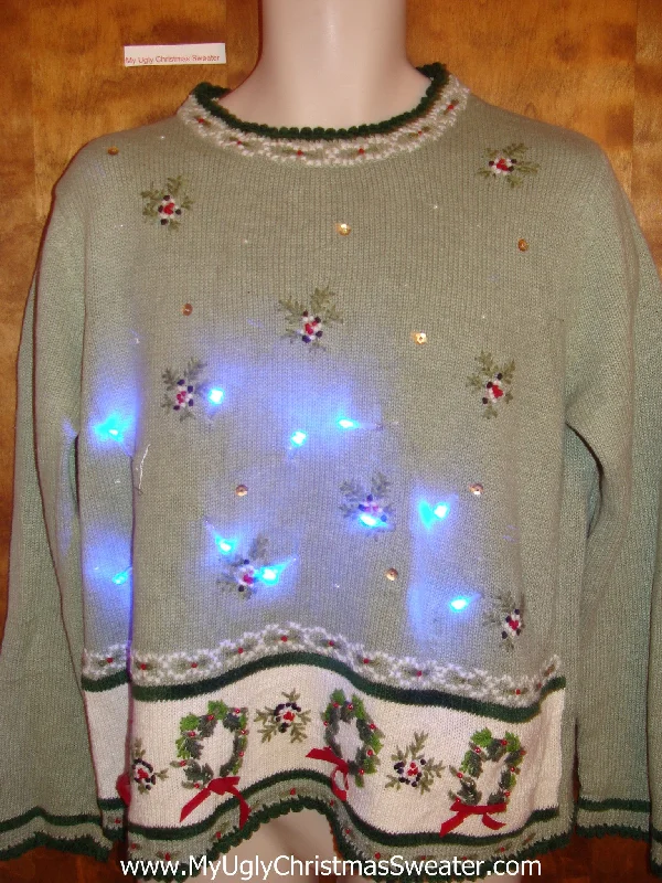 Christmas Party Tacky Wreaths and Ivy Light Up Ugly Christmas Jumper