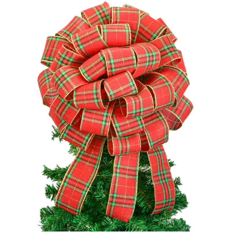 Christmas Family Fun Tartan Plaid Red Green Gold Bow Tree Topper - Christmas Tree Bow - Big Present Gift Box Bow