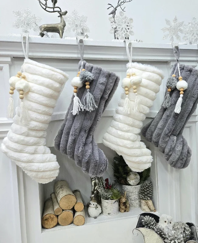 Christmas Advent Calendar Tasseled Boho Christmas Stockings with Pom Poms and Wood Accents | White Grey Charcoal Chic Modern Textured Personalized Embroidered Name Christmas Advent Calendar Tasseled Boho Christmas Stockings with Pom Poms and Wood Accents | White Grey Charcoal Chic Modern Textured Personalized Embroidered Name