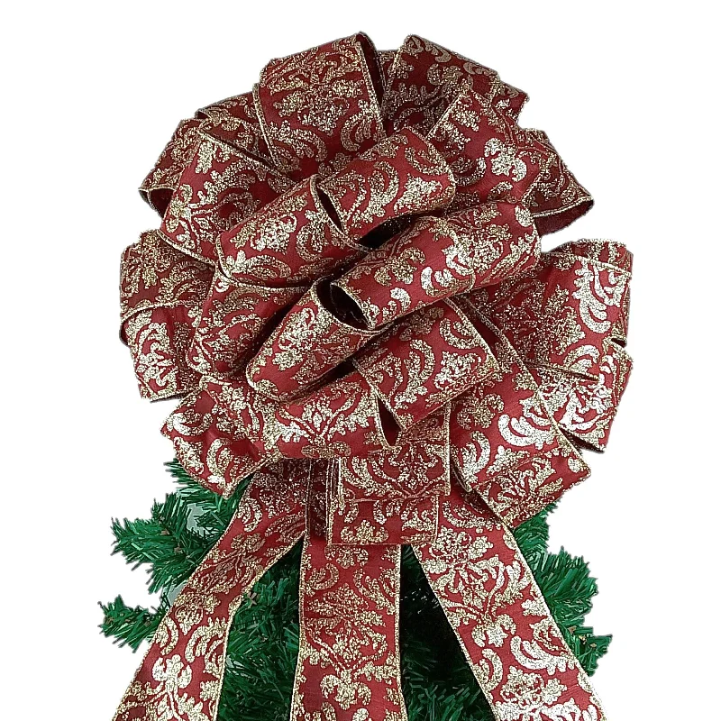 Christmas Celebration Burgundy and Gold Christmas Tree Bows - Tree Topper Bow with Streamers