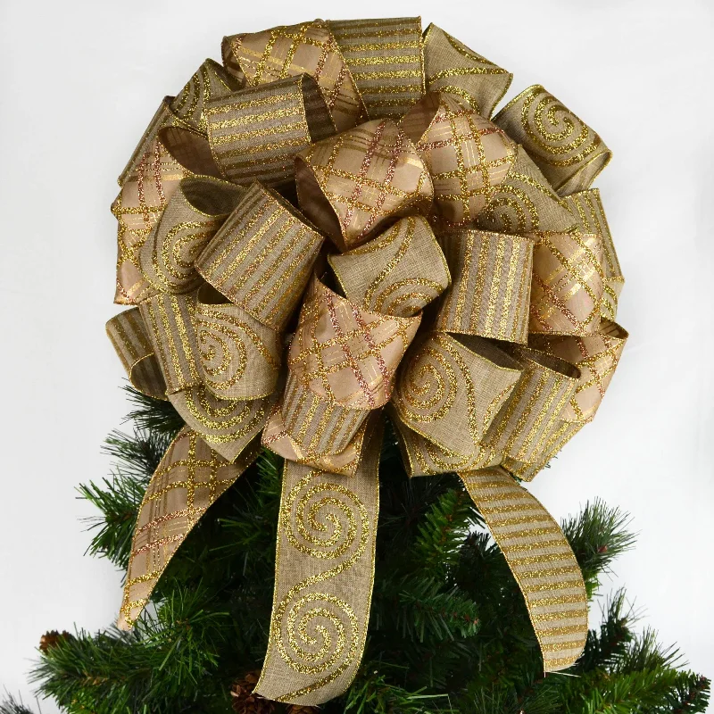 Christmas Garland Burlap and Gold Christmas Tree Topper Bow with Streamers | Holiday Present Bow with Tails