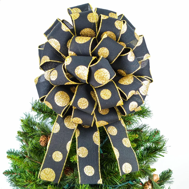 Christmas Cozy Nights Black and Gold Bow Christmas Tree Toppers | Holiday Tree Bow with Streamers