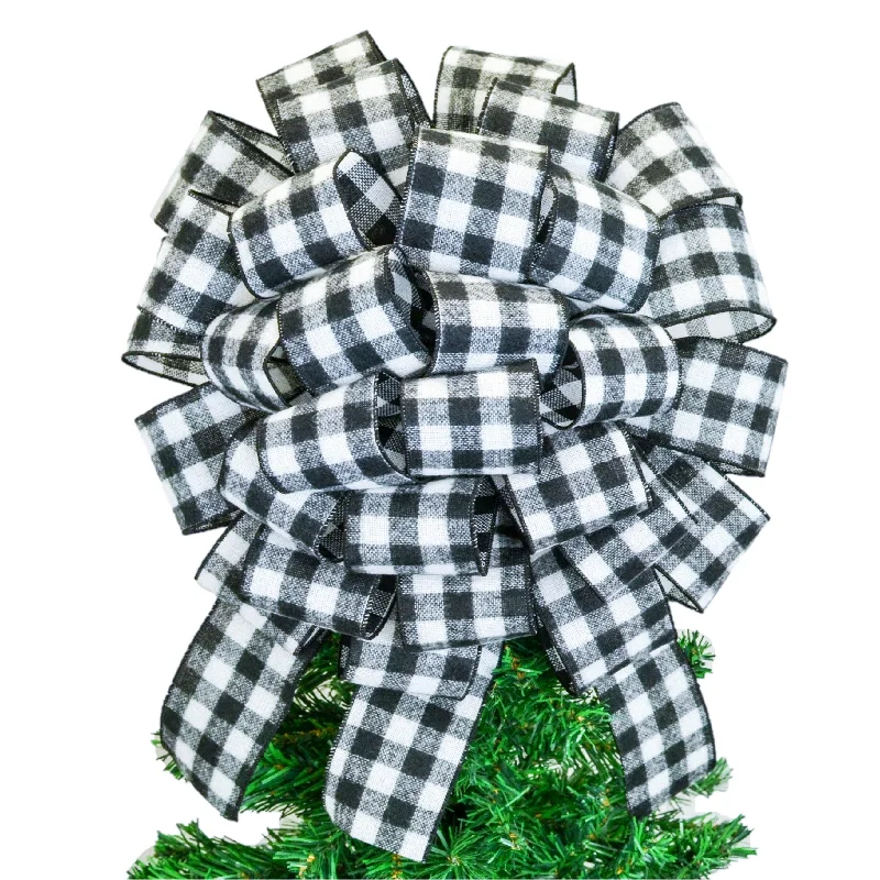 Christmas Cozy Ambience Buffalo Check Bow Christmas Tree Toppers | Black White Plaid with Tails