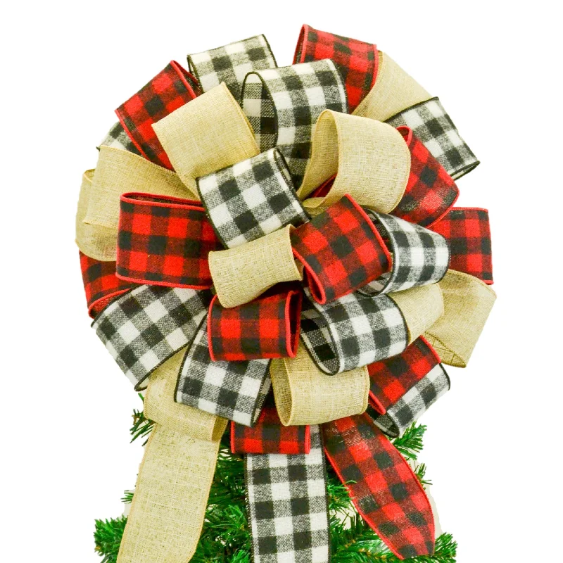 Christmas Feast Burlap Buffalo Plaid Check White Black Red Bow | Christmas Tree Topper Bow