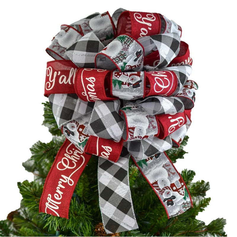 Christmas Family Time Bow Tree Topper with Streamers, Burgundy Black Grey White Christmas Tree Bow