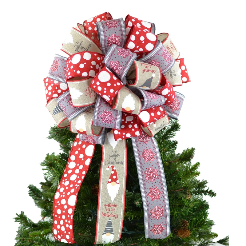 Christmas Midnight Mass Gnome Red Grey White Christmas Tree Bow - Present Bow - Burlap Farmhouse Christmas Tree Topper