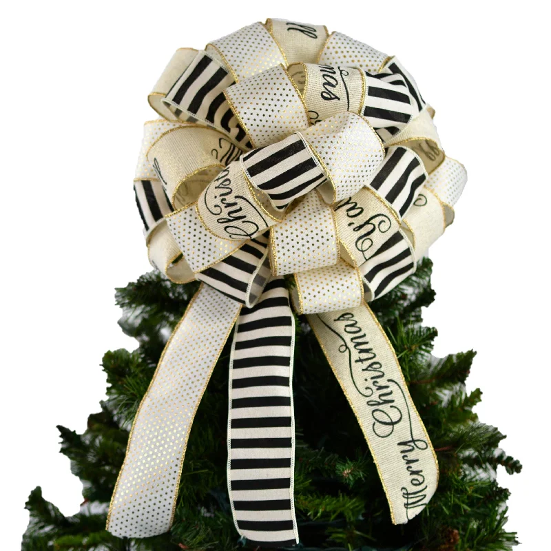 Christmas Jingle Bells Bow Christmas Tree Toppers | Lantern Black and Gold Bow | Ivory Tree Bow