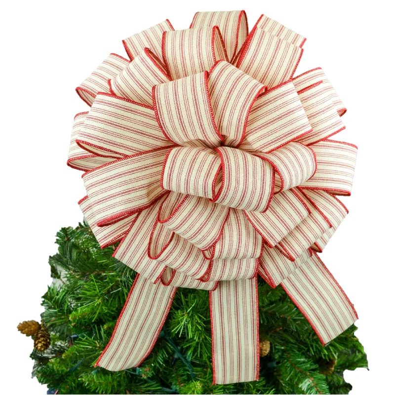 Christmas Countdown Christmas Farmhouse Bow - Tree Topper Bow - Top of Present Bow Burlap Red Ivory Linen Ticking Thin Stripe