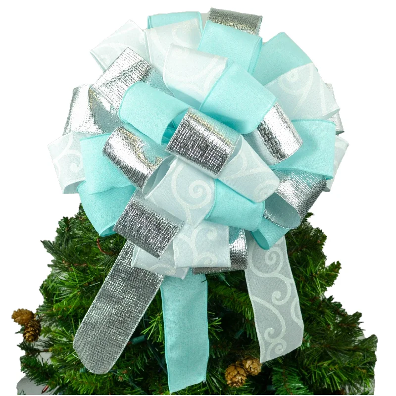 Festive Season Ice Blue Silver Bow Christmas Tree Topper - Fluffy Gift Present Bow