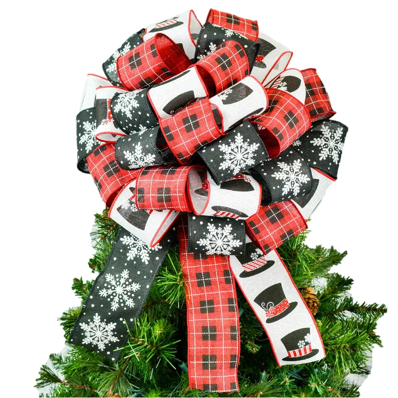 Christmas Pine Tree Snowflake Snowman Check White Black Red Bow | Christmas Tree Topper Bow Christmas Pine Tree Snowflake Snowman Check White Black Red Bow | Christmas Tree Topper Bow